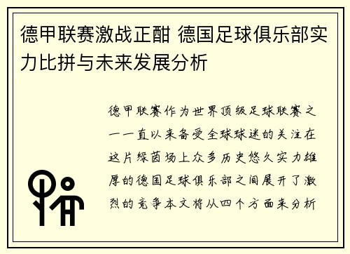 德甲联赛激战正酣 德国足球俱乐部实力比拼与未来发展分析 德甲联赛激战正酣 德国足球俱乐部实力比拼与未来发展分析